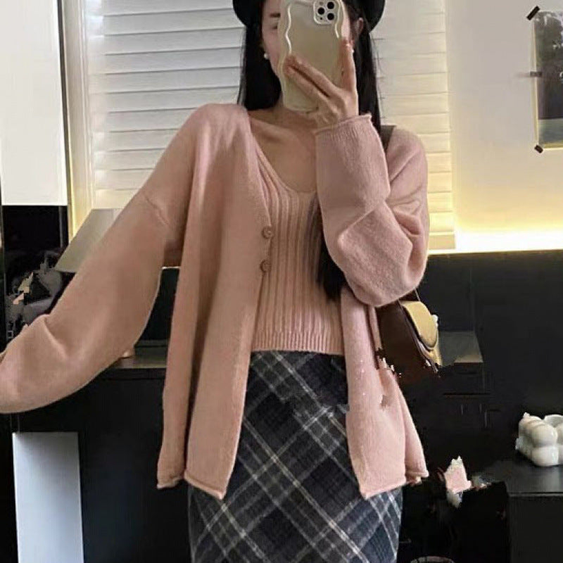 Damen lässiger Strickcardigan mit feiner Struktur und großen Knöpfen Drune