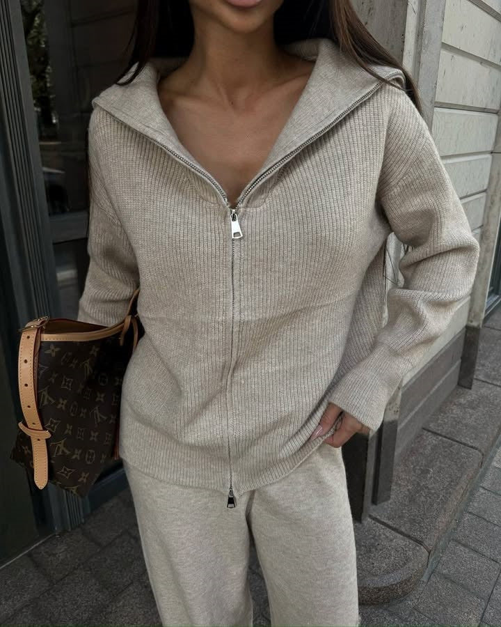 Damen Feinstrick-Loungewear-Set mit Zwei-Wege-Reißverschluss und weitem Umlegekragen Drune