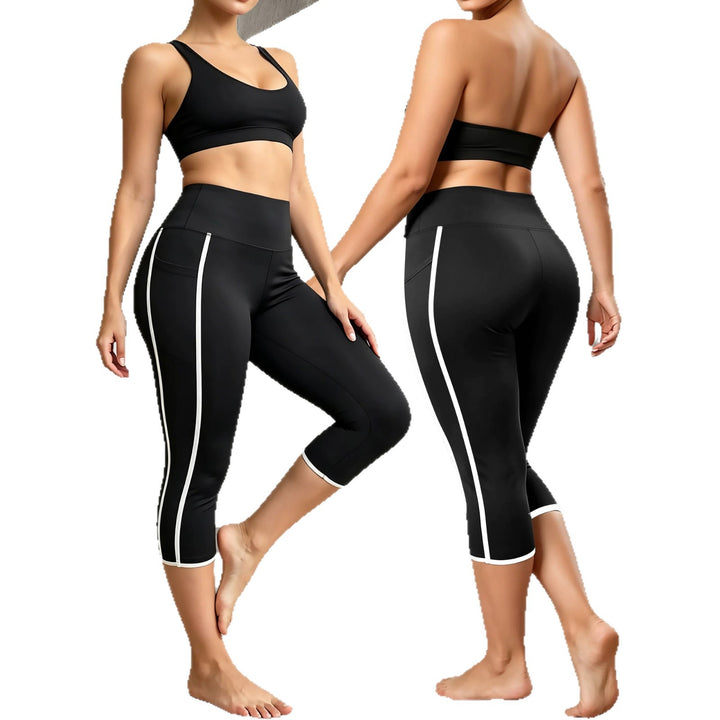 Damen Capri-Sportleggings mit hoher Taille, Bauchkontrolle und seitlicher Smartphone-Tasche Drune