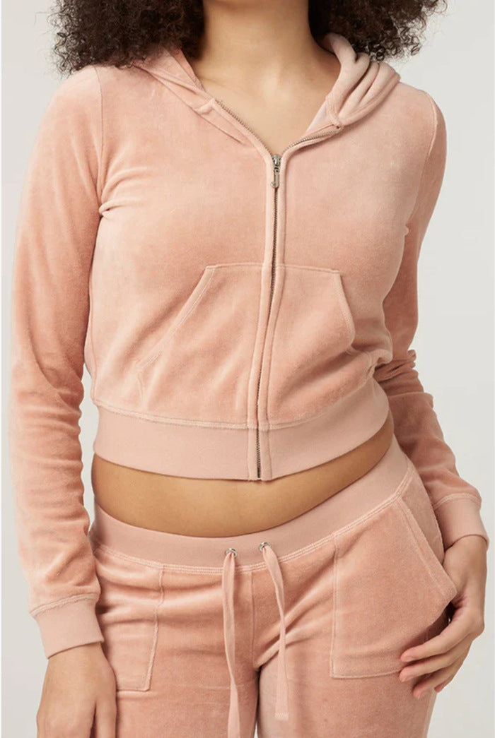 Damen Samtvelours Cropped-Zipjacke mit Kängurutasche und hochgeschnittener Bündchenhose Drune