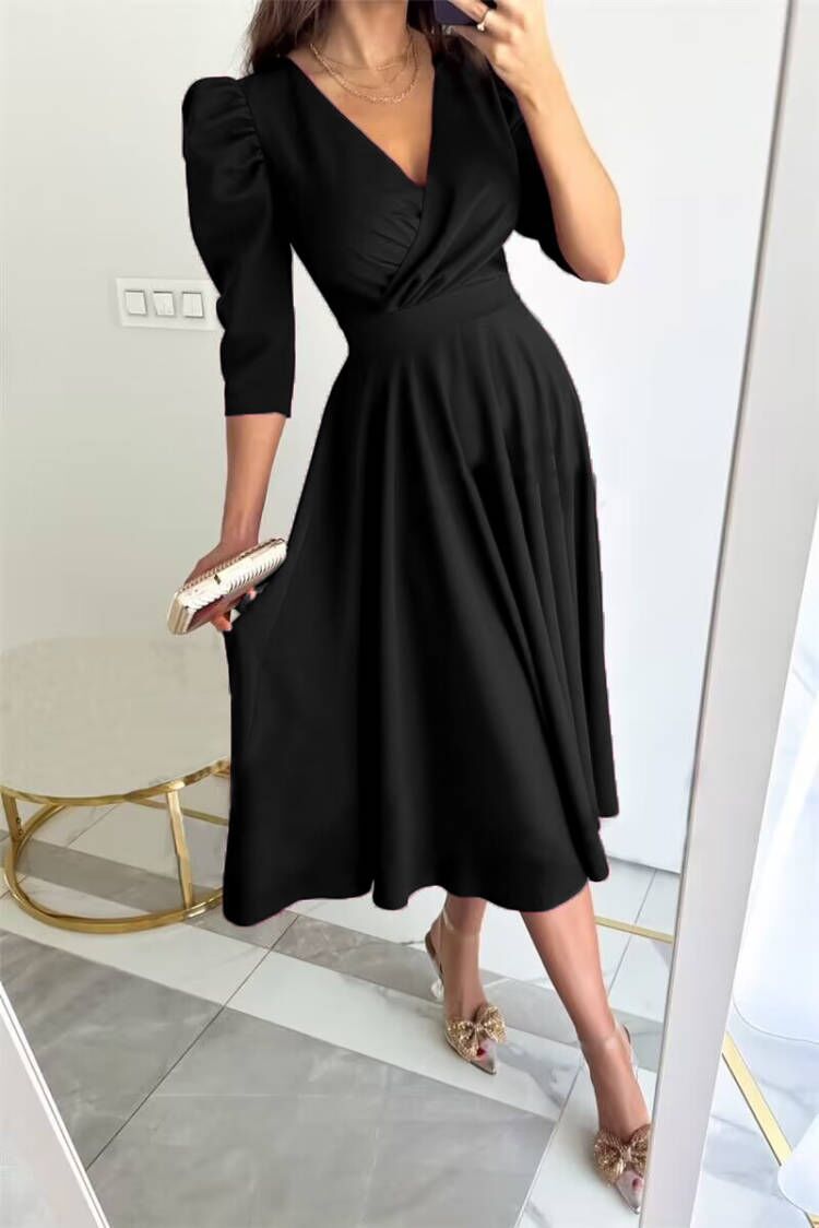Damen Festliches A-Linien Kleid mit Puffärmeln und V-Ausschnitt Drune