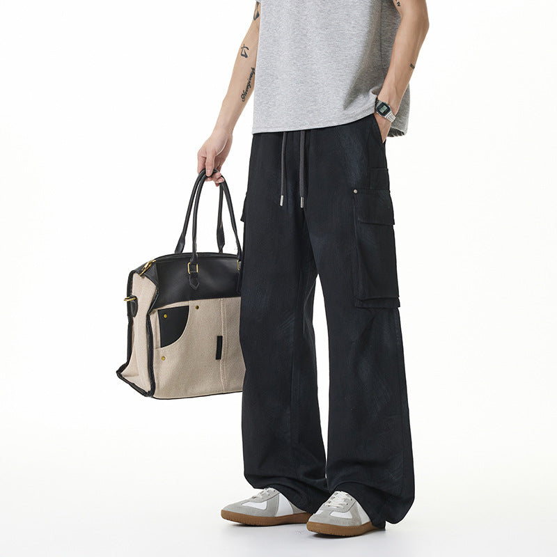 Damen Weite Cargo-Hose im Baggy-Stil mit Tunnelzugbund, Multifachtaschen und Used-Waschung Drune