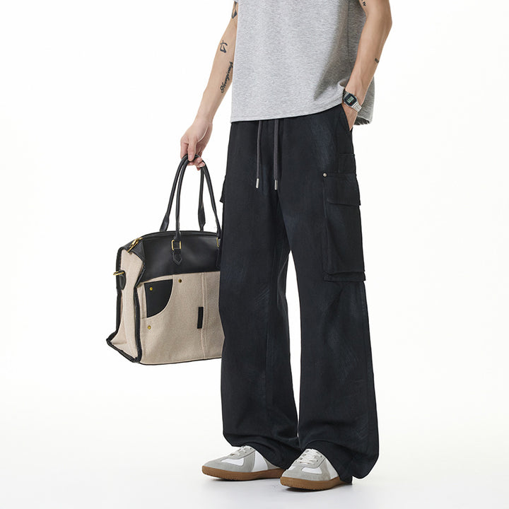 Damen Weite Cargo-Hose im Baggy-Stil mit Tunnelzugbund, Multifachtaschen und Used-Waschung Drune