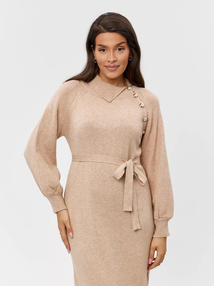 Damen Strickkleid mit Gürtel und Knopfdetails Drune