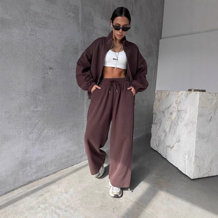 Damen lässiger Freizeitanzug mit oversized Jacke und weitem Bund Drune