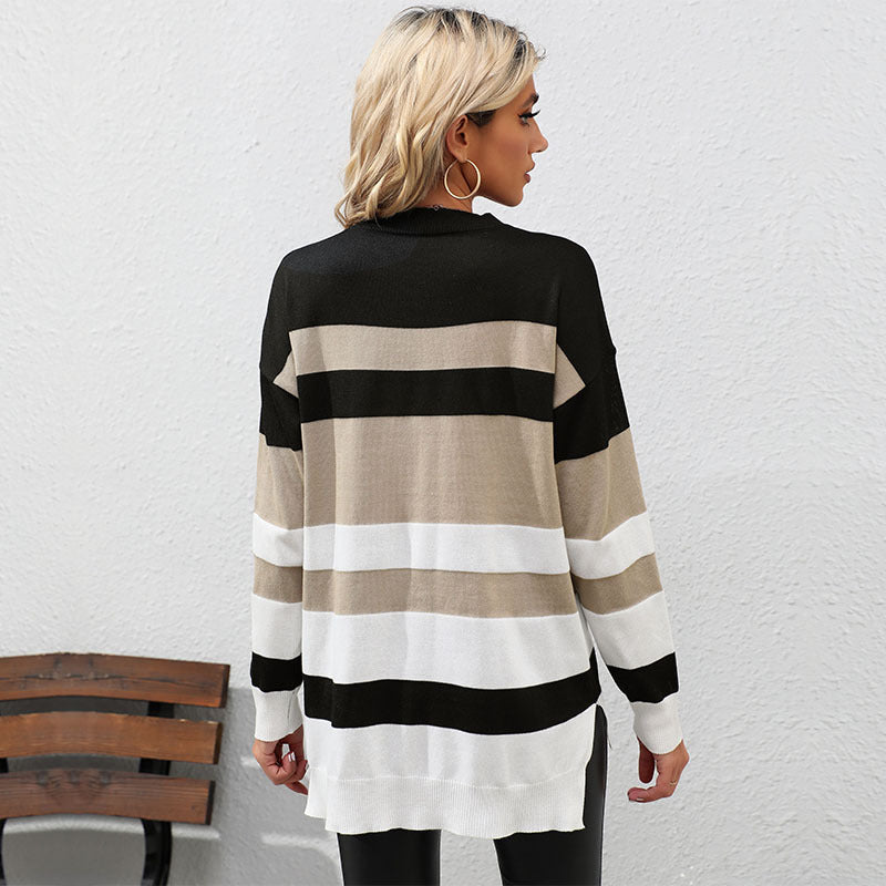 Damen Gestreifter Oversize-Feinstrickpullover mit Rundhalsausschnitt und Rippbündchen Drune