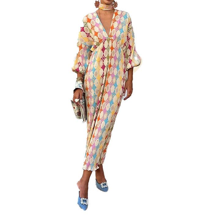 Damen Maxikleid mit modernen geometrischen Mustern und voluminösen Ärmeln Drune