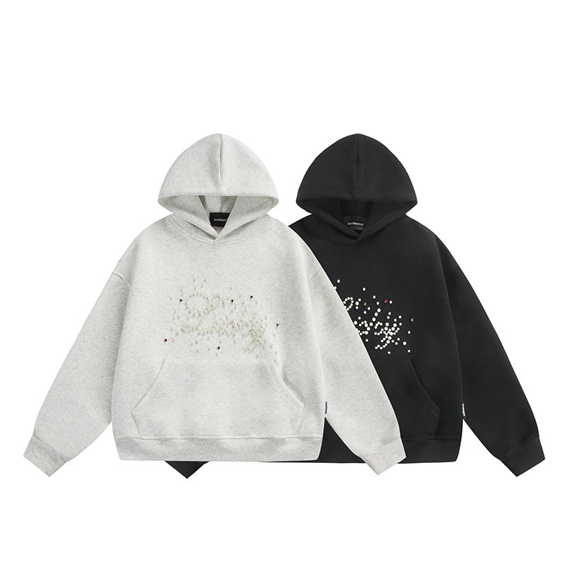 Unisex Oversize Kapuzenpullover mit Perlen‑ und Strassapplikation Drune