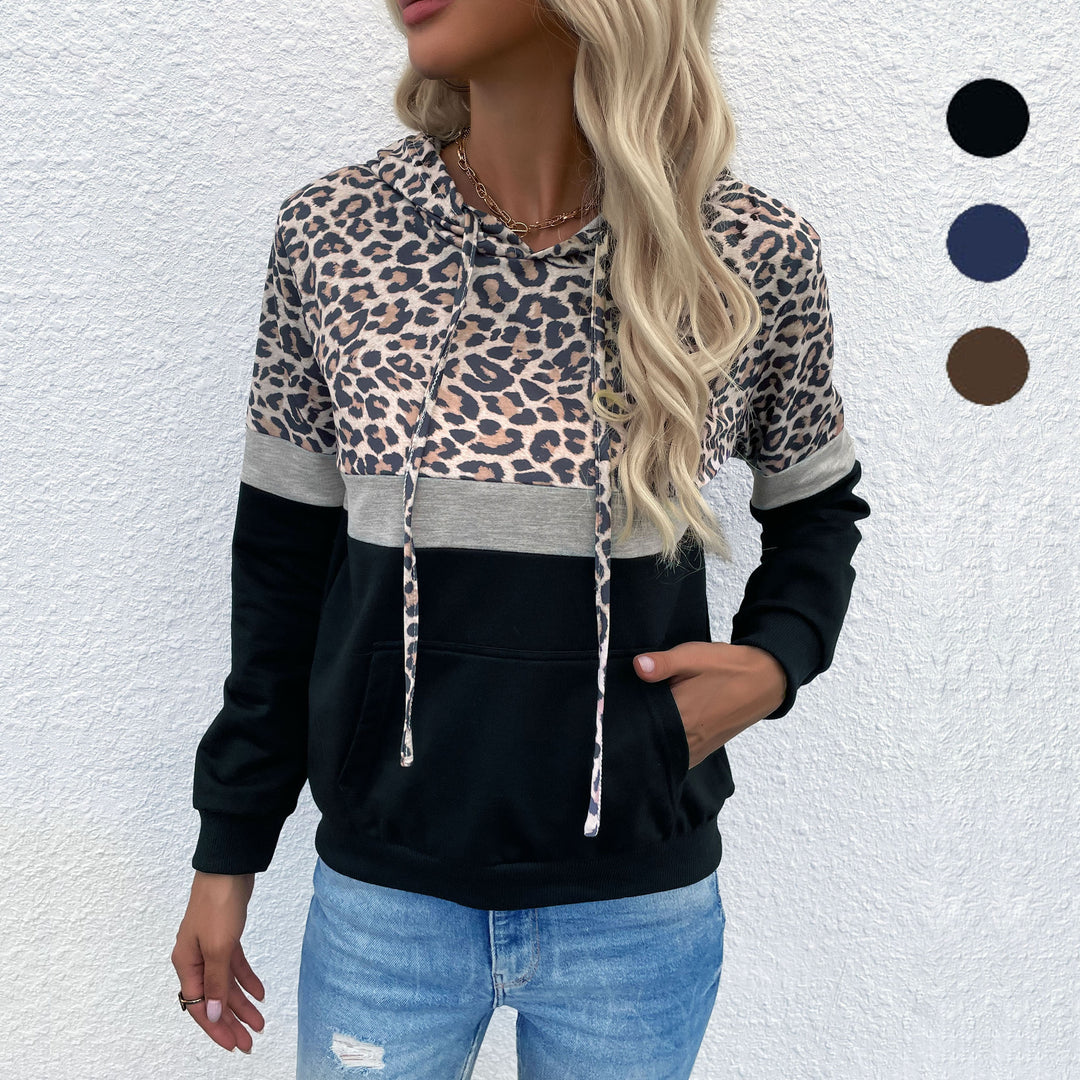 Damen Kapuzenpullover im Blockdesign mit Leopardenmuster, Kängurutasche und Tunnelzug Drune