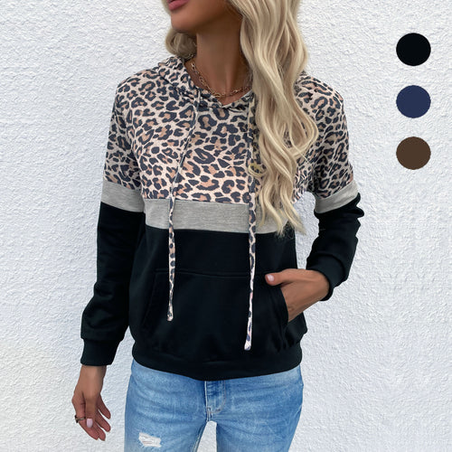 Damen Kapuzenpullover im Blockdesign mit Leopardenmuster, Kängurutasche und Tunnelzug Drune