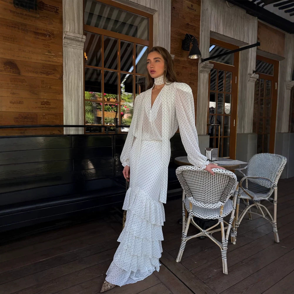 Damen Maxikleid aus Chiffon mit Wickeloberteil, Schluppe und gestuftem Volant‑Rock Drune