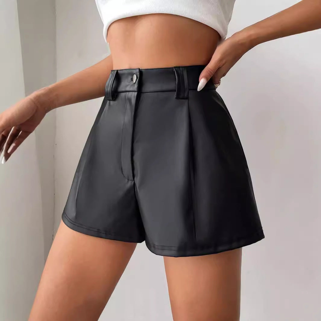 Damen Hochtaillierte Kunstleder-Shorts mit schickem Schnitt und dekorativen Falten Drune