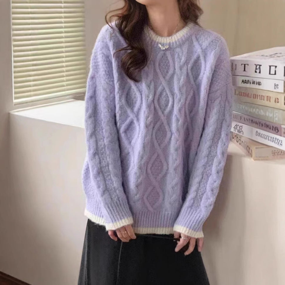 Damen Grobstrickpullover mit Zopfmuster und kontrastierendem Halsabschluss Drune