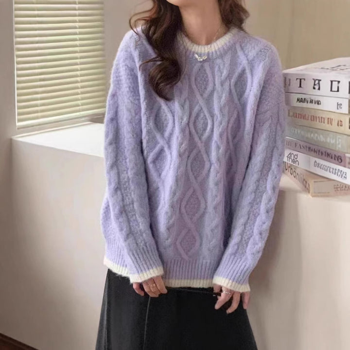 Damen Grobstrickpullover mit Zopfmuster und kontrastierendem Halsabschluss Drune