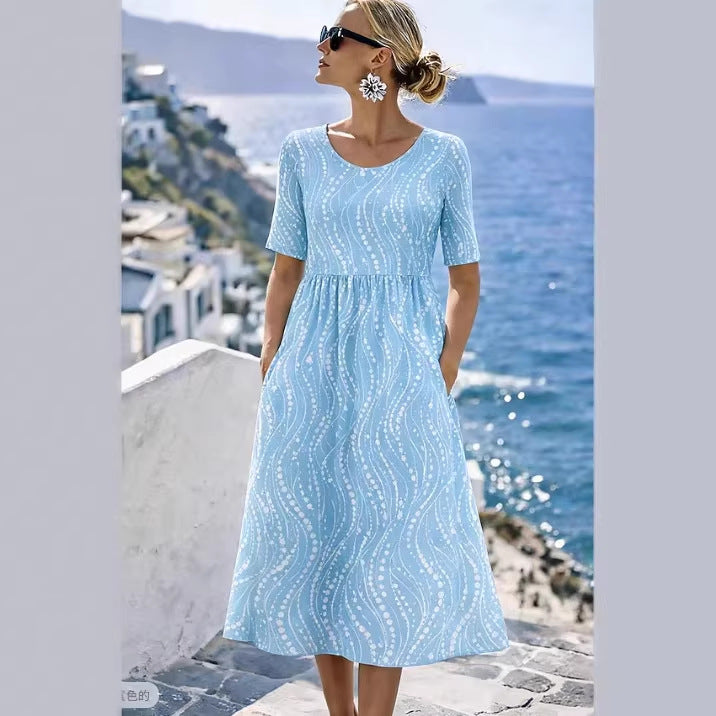 Damen Leichtes Midikleid mit Empire-Taille, halblangen Ärmeln und Eingrifftaschen Drune