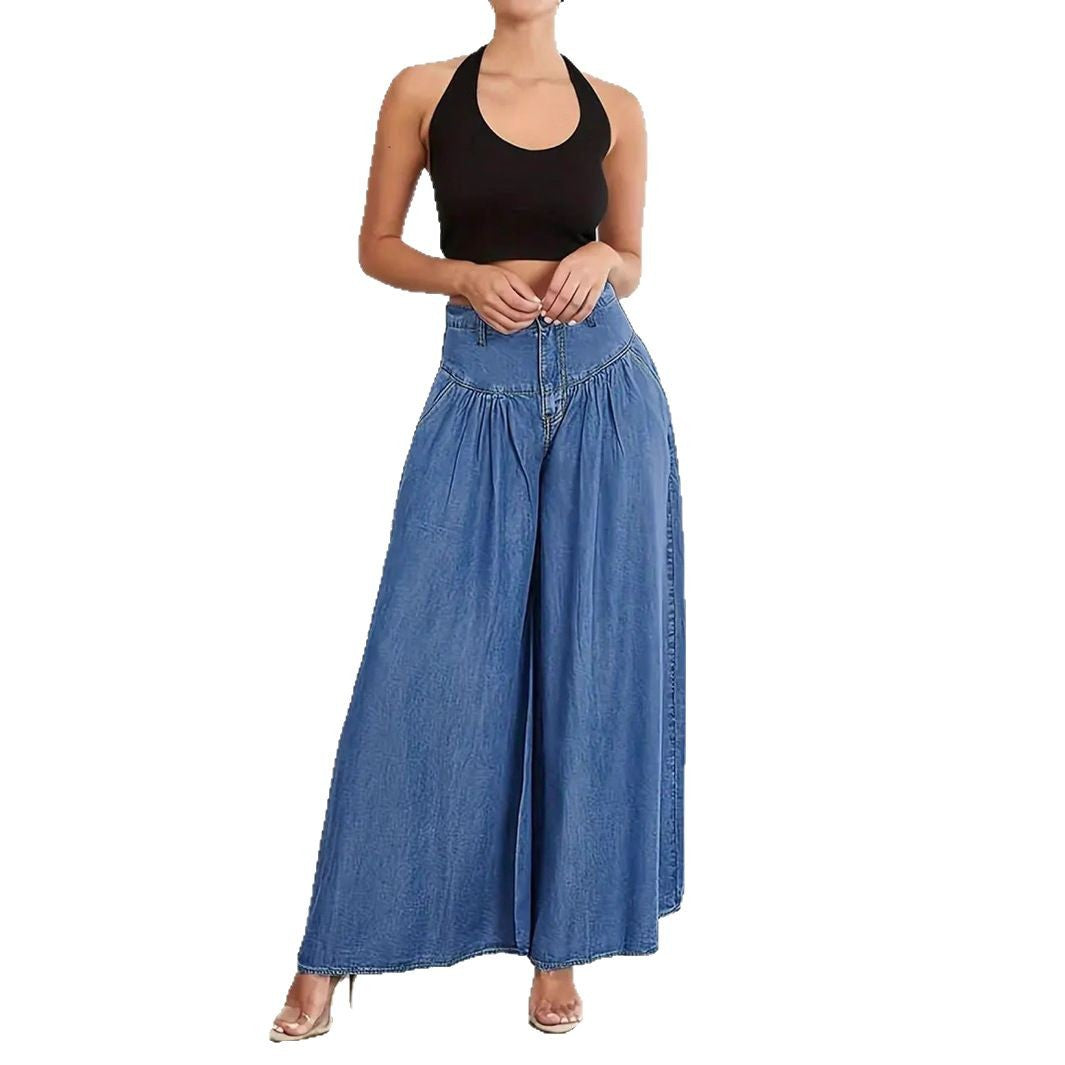 Damen Hochtaillierte Denim-Palazzohose mit geraffter Kellerfalte und extra weitem Bein Drune