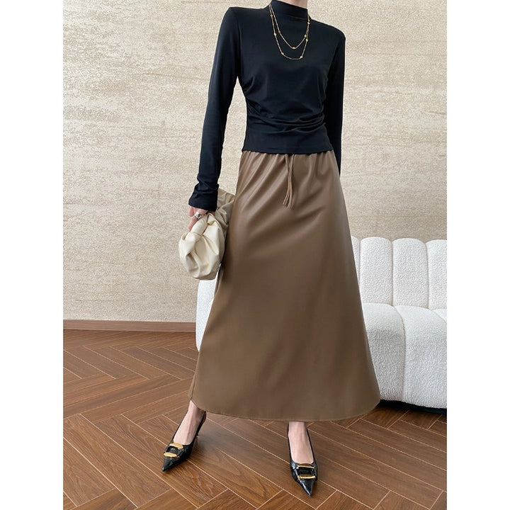 Damen elegantes Rippstrickoberteil mit V-Ausschnitt und langen Ärmeln Drune