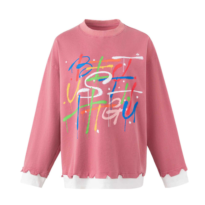 Damen Oversize-Sweatshirt mit Graffiti-Print, Wellensaum und Lagenlook Drune