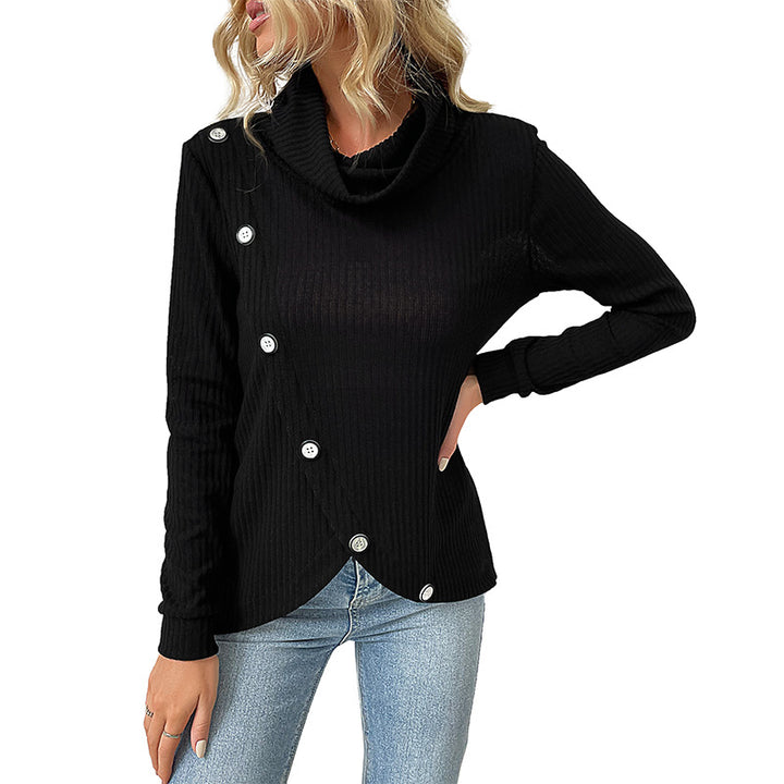 Damen gerippter Rollkragenpullover mit asymmetrischer Knopfleiste und taillierter Silhouette Drune