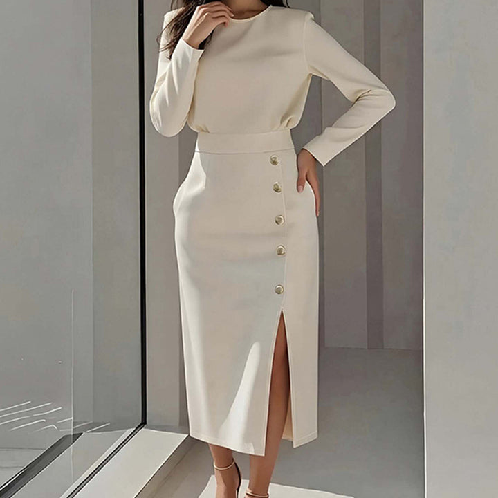 Damen Elegantes Midi-Kleid mit Knopfdetail und seitlichem Schlitz Drune