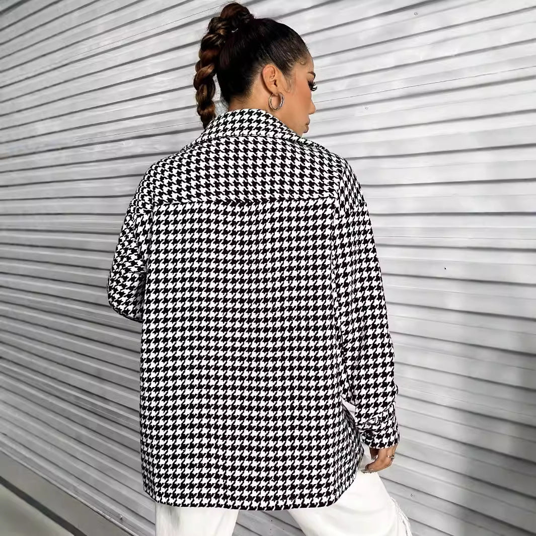 Damen Oversized Hemdbluse im Hahnentritt-Design mit Patch Drune
