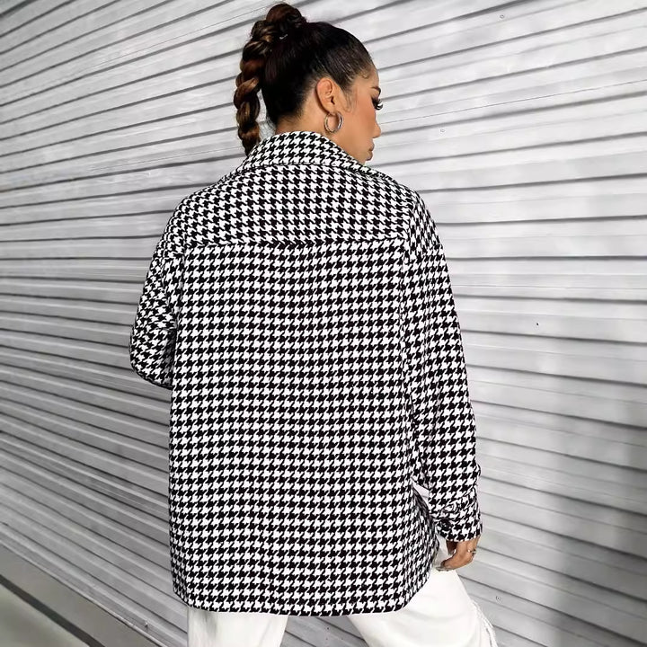Damen Oversized Hemdbluse im Hahnentritt-Design mit Patch Drune
