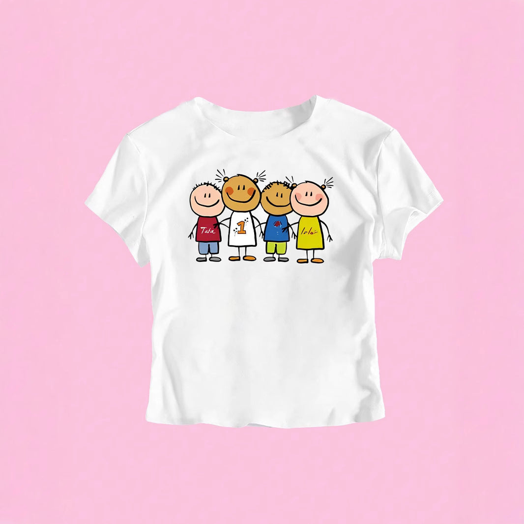 Damen Crop-T-Shirt mit kreativem Kinderzeichnungsmuster Drune