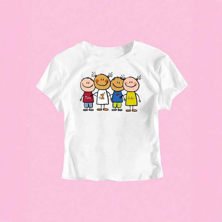Damen Crop-T-Shirt mit kreativem Kinderzeichnungsmuster Drune