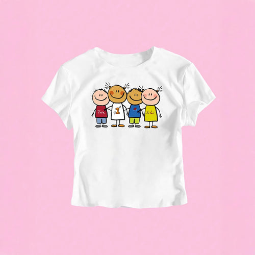 Damen Crop-T-Shirt mit kreativem Kinderzeichnungsmuster Drune
