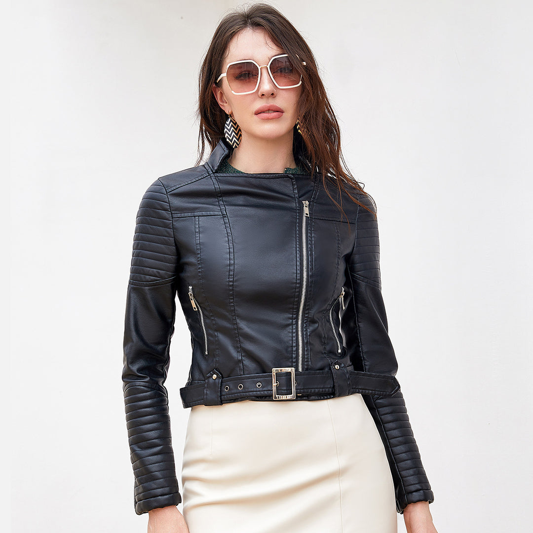 Damen nan kurz geschnittene Motorradjacke in Biker-Optik mit asymmetrischem Reißverschluss und gesteppter Ärmelpartie Drune