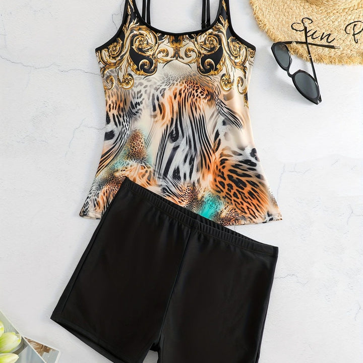 Damen Sportliches Tankini-Set mit modischem Animal-Print und Boxershorts Drune