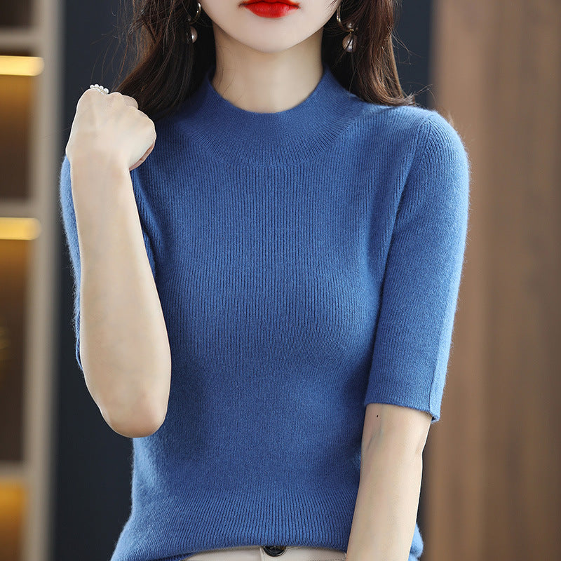 Damen Kurzarm-Feinstrickpullover mit Stehkragen und taillierter Passform Drune