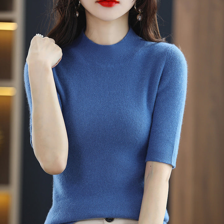 Damen Kurzarm-Feinstrickpullover mit Stehkragen und taillierter Passform Drune