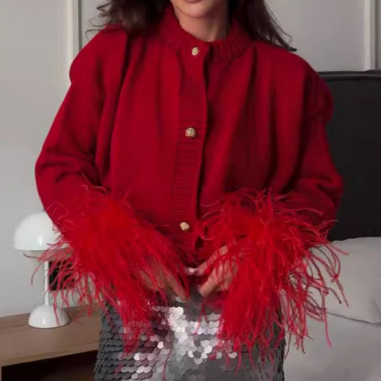 Damen Strickjacke mit eleganten Fransenärmeln und goldenen Knöpfen Drune