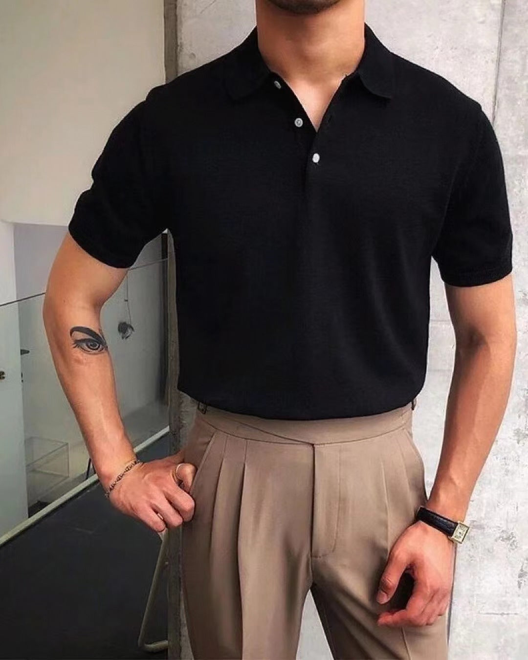 Herren nan Premium-Feinstrick-Poloshirt mit offenem Hemdkragen und dezenter Knopfleiste Drune
