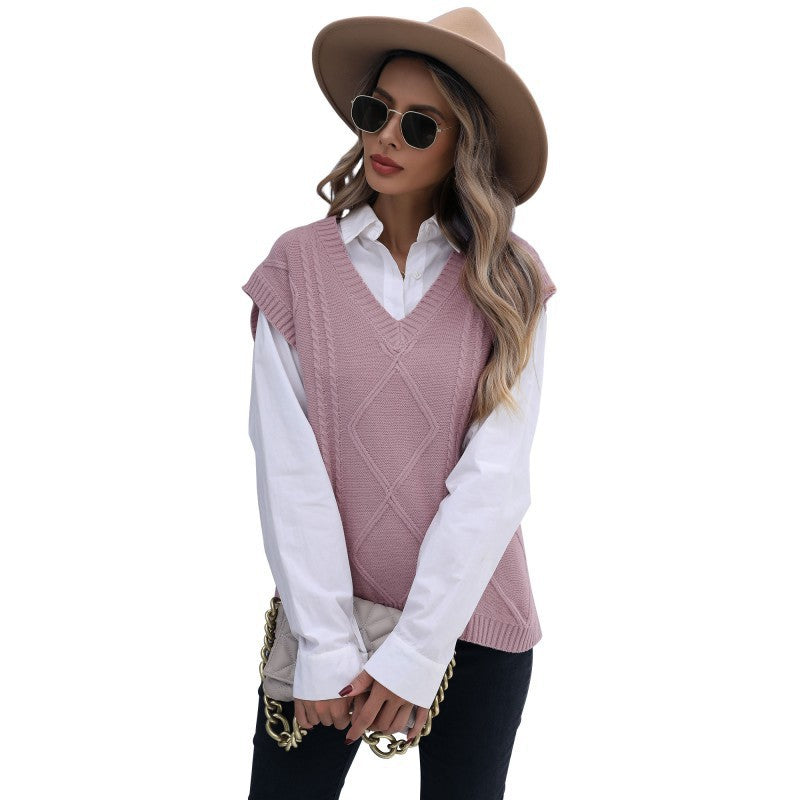 Damen Strickweste mit V-Ausschnitt und Rautenmuster Drune