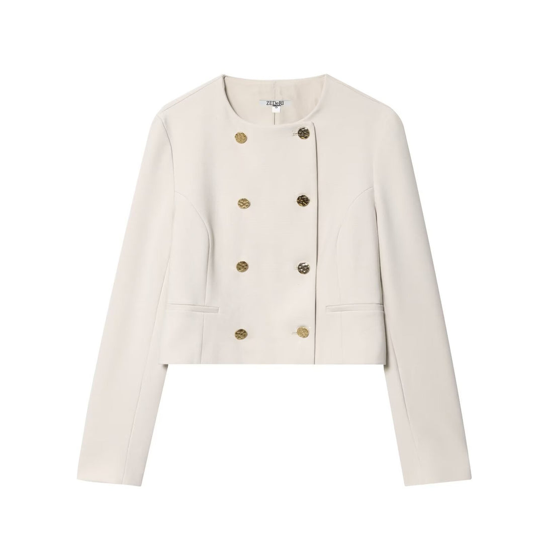 Damen Kurzer Doppelreihiger Blazer mit Rundhals und Zierknöpfen Drune