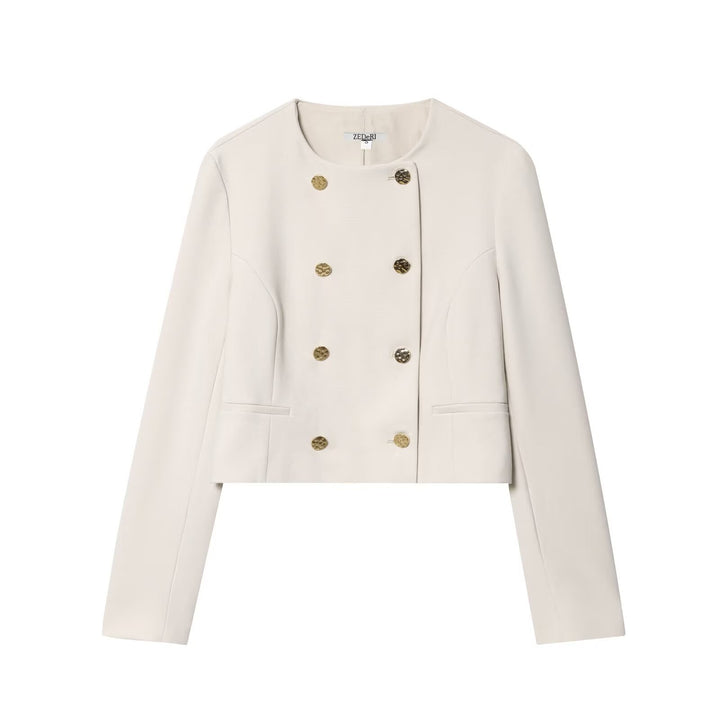 Damen Kurzer Doppelreihiger Blazer mit Rundhals und Zierknöpfen Drune