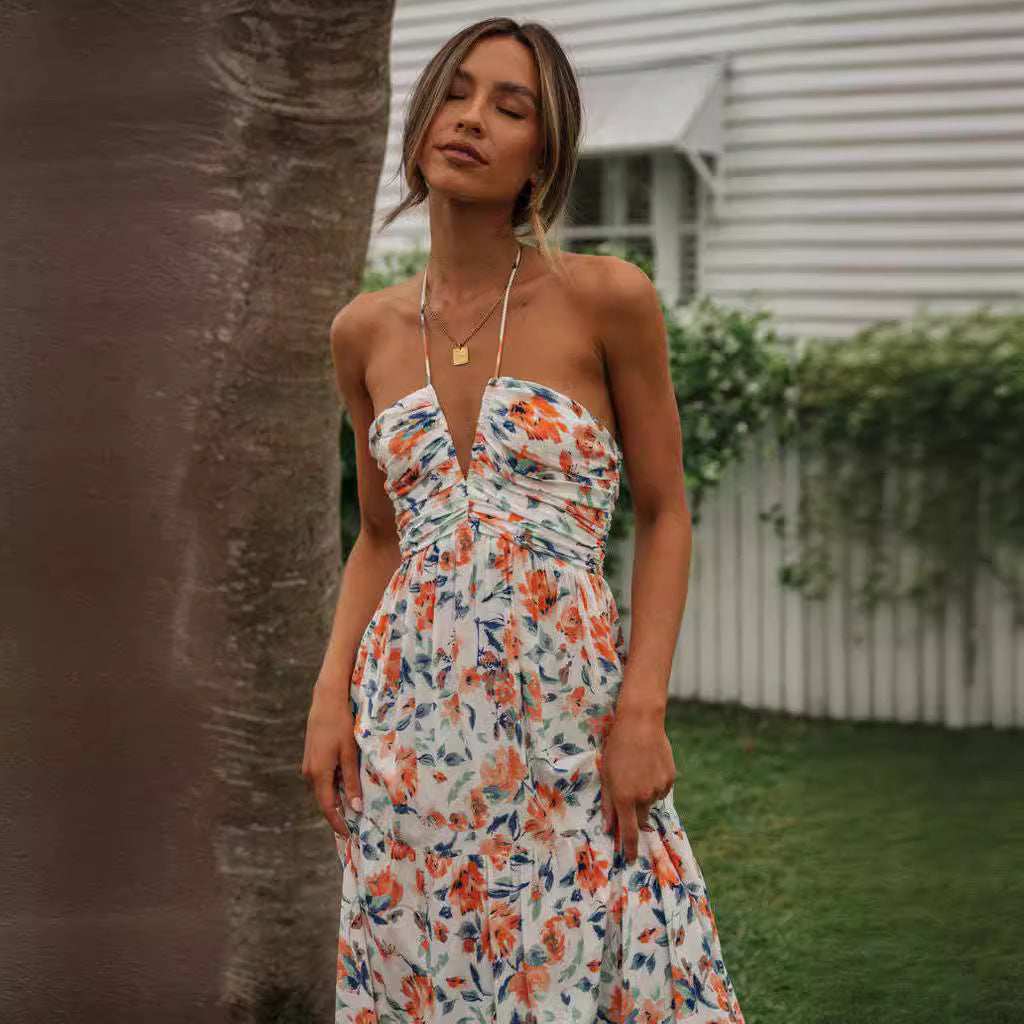 Damen Maxikleid mit zarten Blumendrucken und verstellbaren Spaghettiträgern Drune