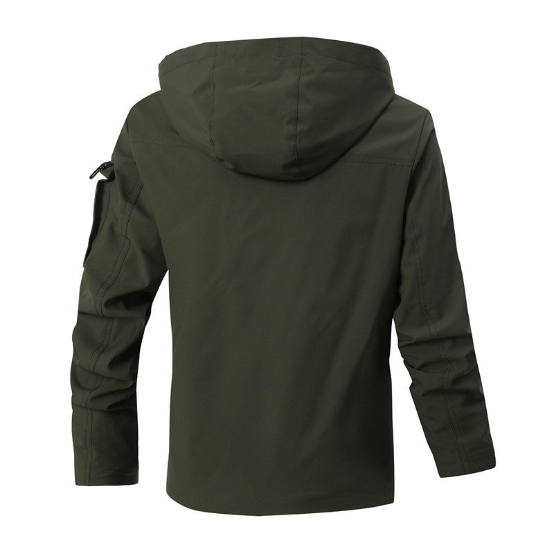 Herren Winddichte Softshelljacke mit Kapuze, kariertem Innenfutter und Multifunktionstaschen Drune