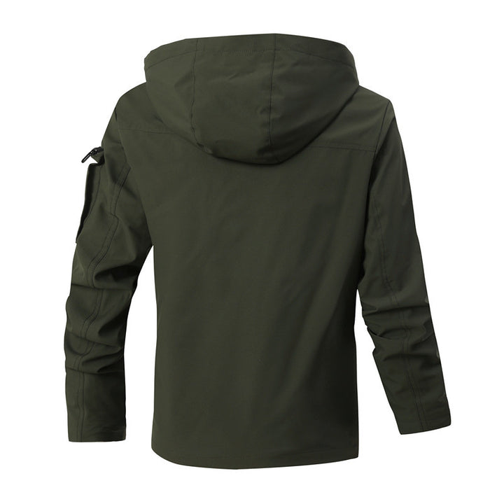 Herren Winddichte Softshelljacke mit Kapuze, kariertem Innenfutter und Multifunktionstaschen Drune