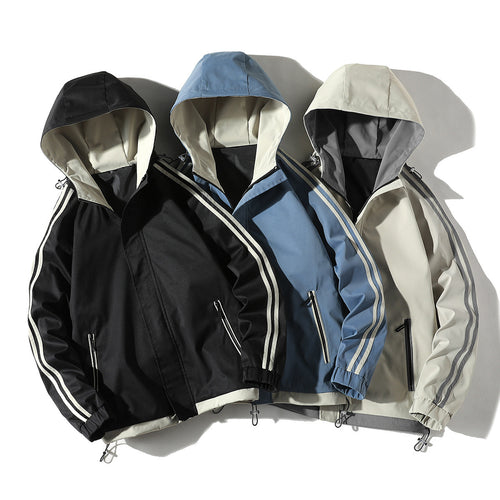 Herren Sportliche Outdoor‑Shelljacke mit Kapuze, reflektierenden Ärmestreifen und Reißverschlusstaschen Drune