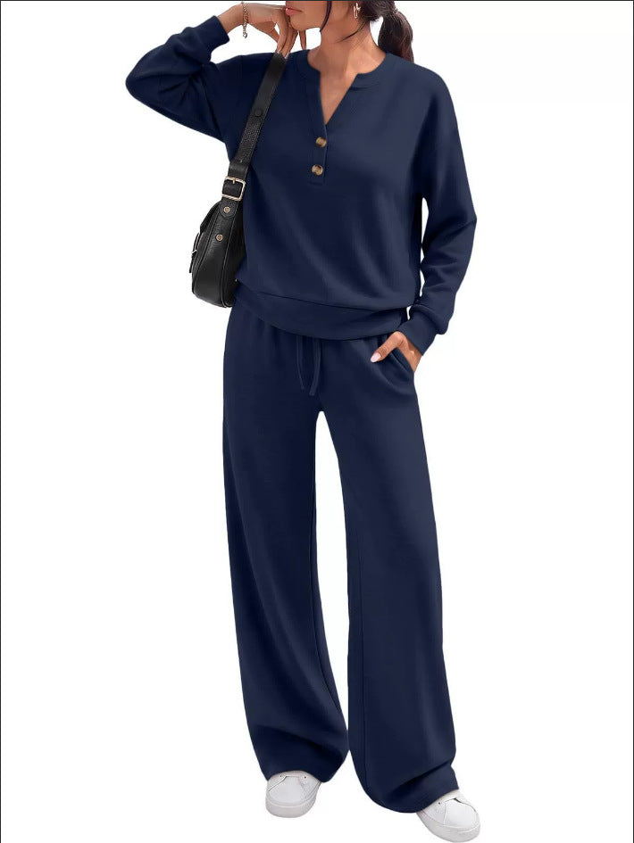 Damen Lounge-Set mit Henley-Kragen und palazzoweiter Jogginghose Drune
