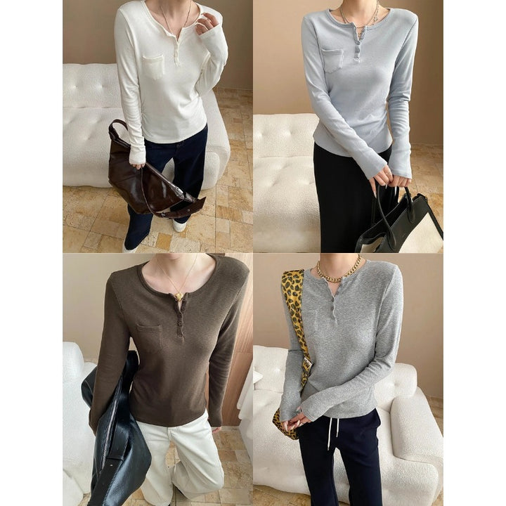 Damen Langarm-Henley-Shirt mit praktischen Knopfdetails und Brusttasche Drune