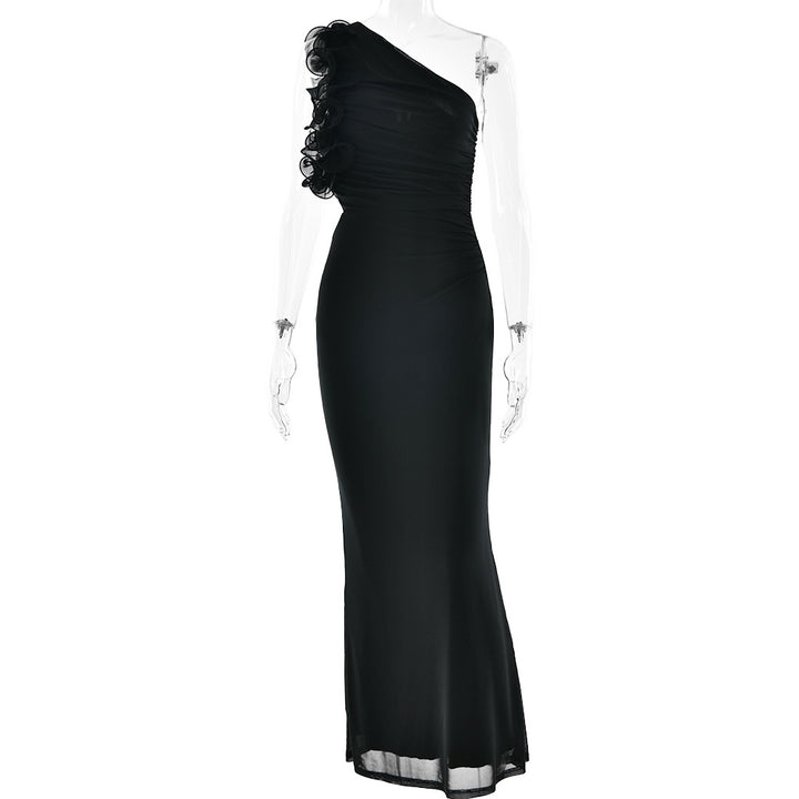 Damen Figurschmeichelndes Midi-Kleid mit asymmetrischem Ausschnitt und Rüschendetails Drune