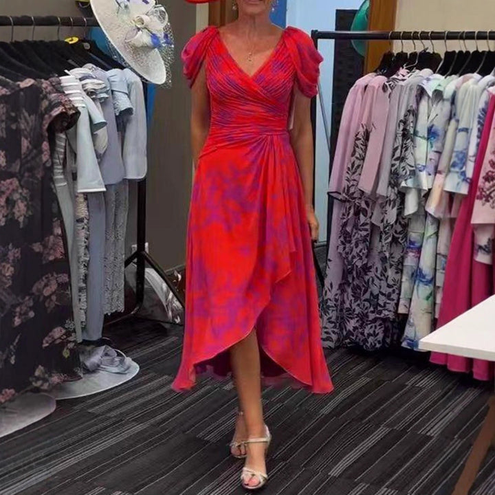 Damen nan festliches Chiffon-Midikleid mit gekreuztem V-Ausschnitt, taillenraffung und asymmetrischem Tulpenrock Drune