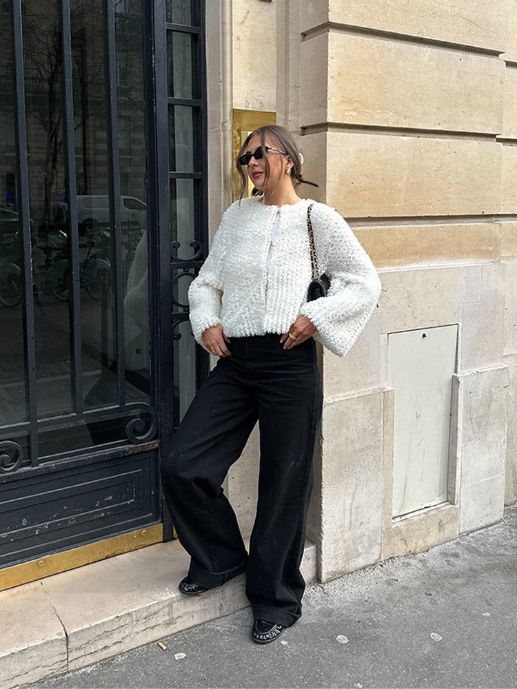 Damen Kurzgeschnittener texturierter Kunstpelz-Cardigan mit voluminösen Ärmeln Drune