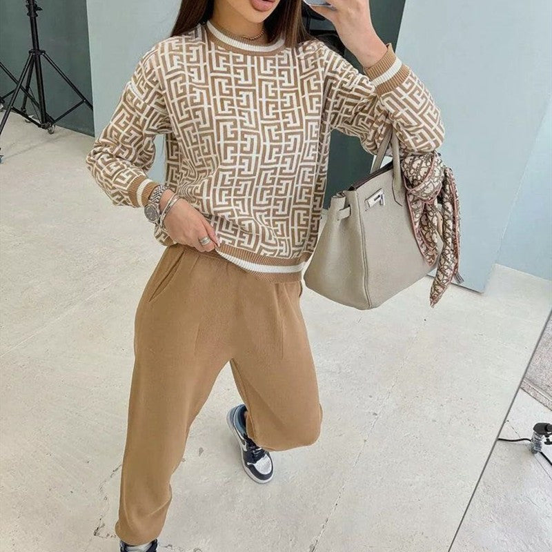 Damen modisches Strick-Loungewear-Set mit grafischem Muster Drune