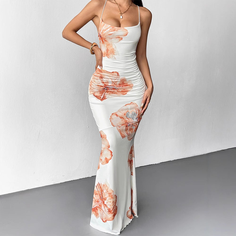 Damen Maxikleid mit zarten floralen Akzenten und schimmerndem Stoff Drune