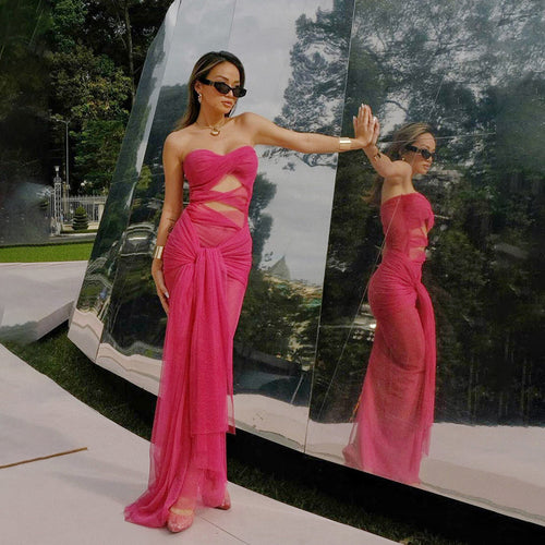 Damen Elegantes trägerloses Maxikleid mit raffinierten Drapierungen und transparenter Optik Drune